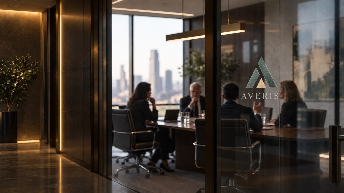 Averis independent verification firm team meeting in a glass boardroom overlooking a city skyline